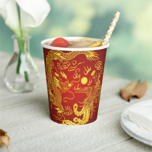 Gold Red Dragon Phoenix Chinese Wedding Favour Paper Cups