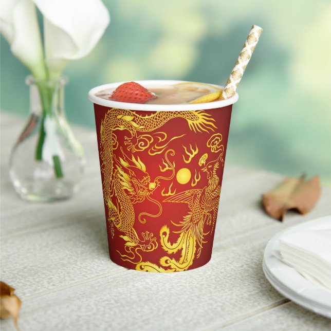 Gold Red Dragon Phoenix Chinese Wedding Favour Paper Cups (Insitu)
