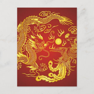 Gold Red Dragon Phoenix Chinese Wedding Favour Postcard