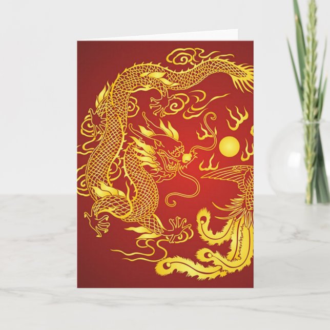 Gold Red Dragon Phoenix Chinese Wedding Favour Thank You Card (Front)