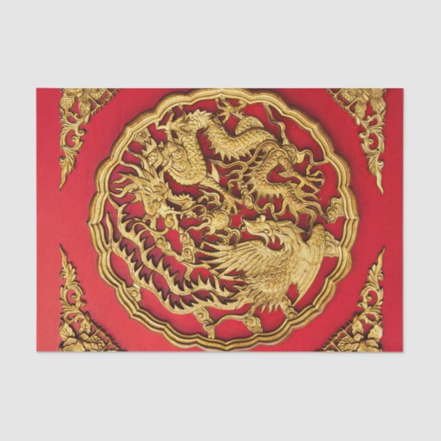 Gold Red Dragon Phoenix Chinese Wedding Favour Tissue Paper (Front)