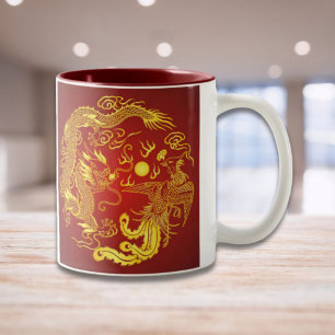 Gold Red Dragon Phoenix Chinese Wedding Favour Two-Tone Coffee Mug