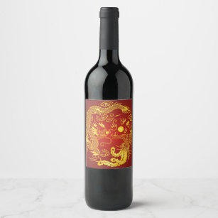 Gold Red Dragon Phoenix Chinese Wedding Favour Wine Label