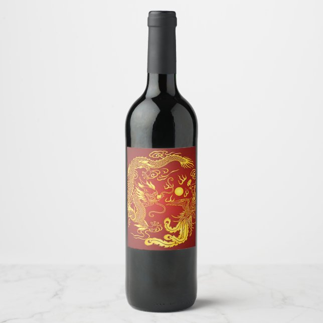 Gold Red Dragon Phoenix Chinese Wedding Favour Wine Label (Front)