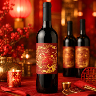 Gold Red Dragon Phoenix Chinese Wedding Favour Wine Label