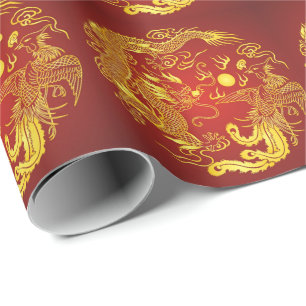 Gold Red Dragon Phoenix Chinese Wedding Favour Wrapping Paper