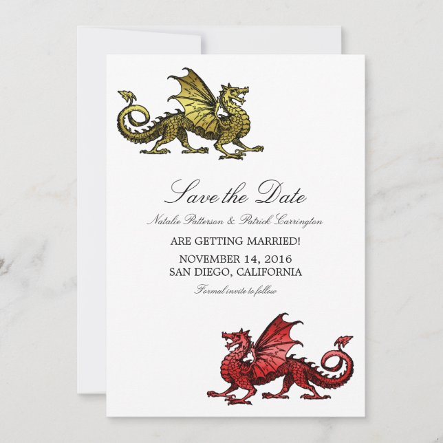 Gold Red Dragon Save the Date Invite (Front)