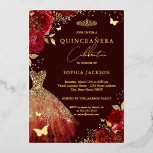 Gold Red Dress Floral Butterfly Quinceanera
