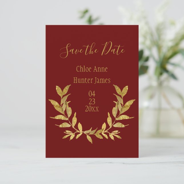 Gold Red Elegant Save The Date (Standing Front)