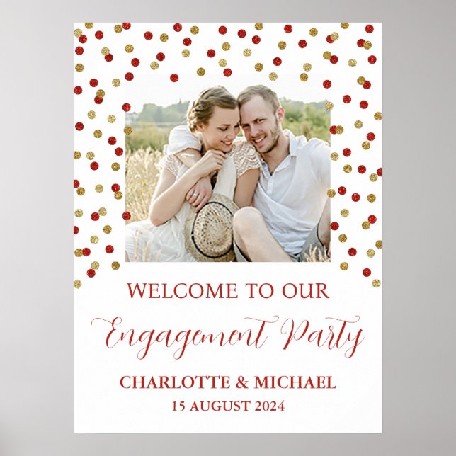 Gold Red Engagement Party Custom 18x24 Photo Poster (Front)