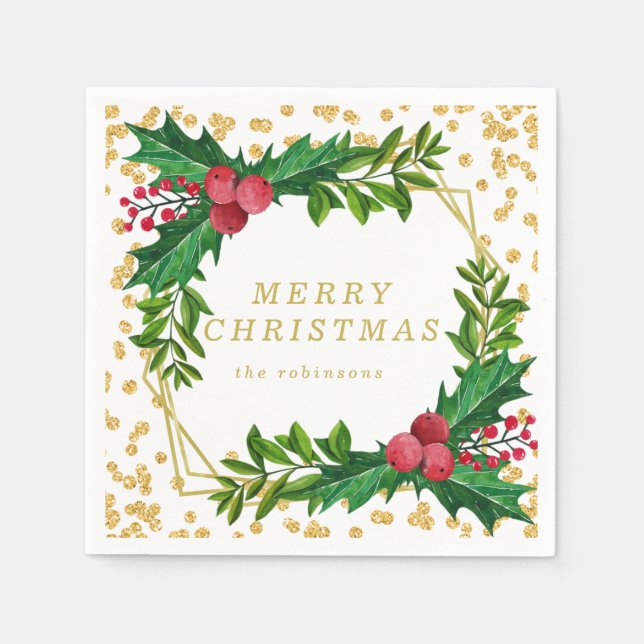Gold Red Family Christmas Party Holly Glitter Napkin (Front)