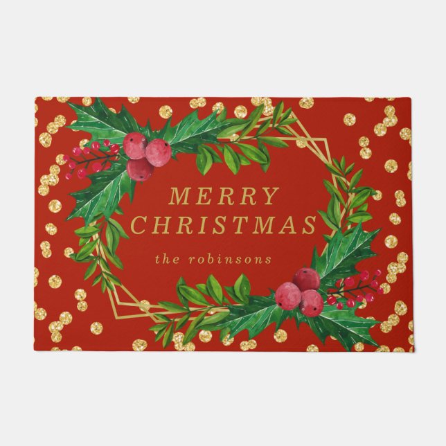 Gold Red Family Merry Christmas Holly Glitter Doormat (Front)