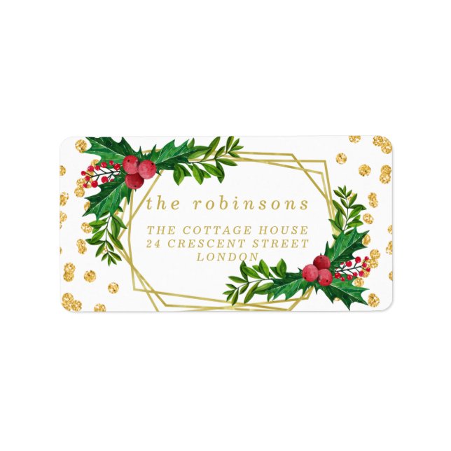 Gold Red Family Merry Christmas Holly Glitter Label (Front)