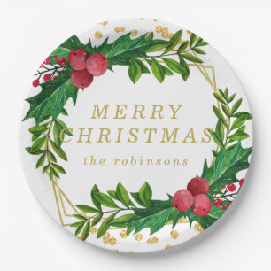 Gold Red Family Merry Christmas Holly Glitter Paper Plate