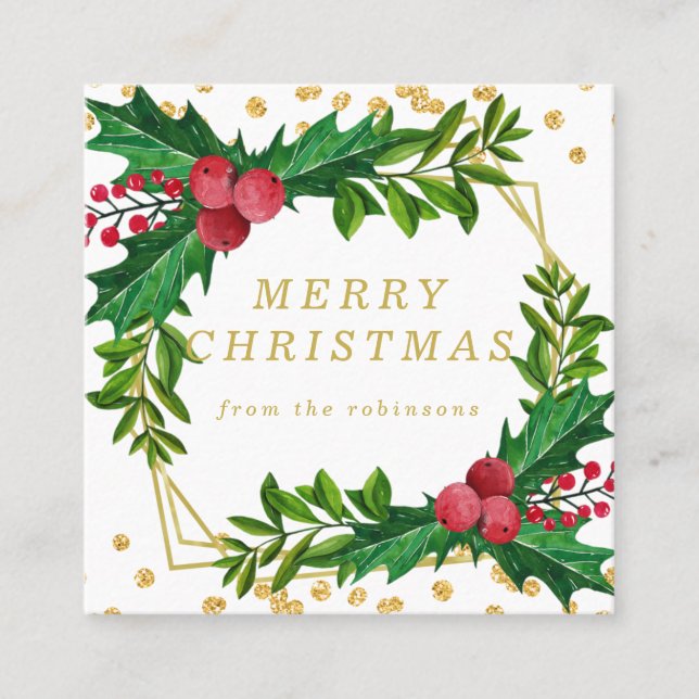 Gold Red Family Merry Christmas Holly Glitter Square Business Card (Front)