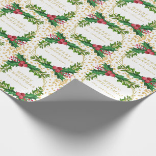 Gold Red Family Merry Christmas Holly Glitter Wrapping Paper