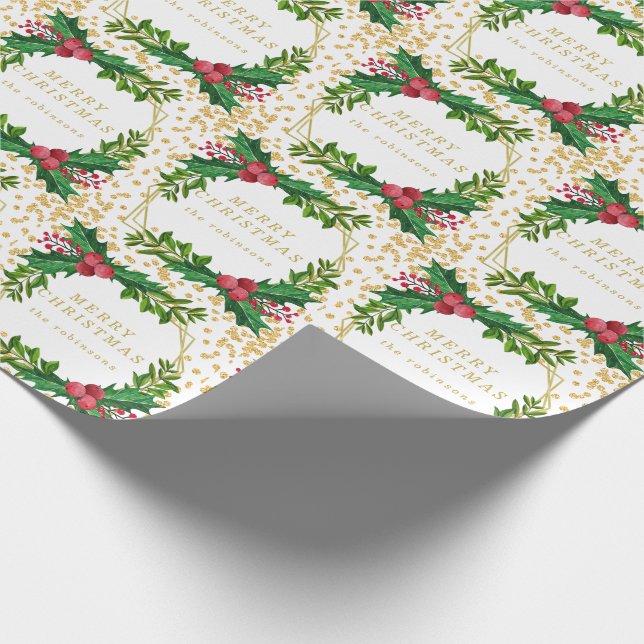 Gold Red Family Merry Christmas Holly Glitter Wrapping Paper (Corner)