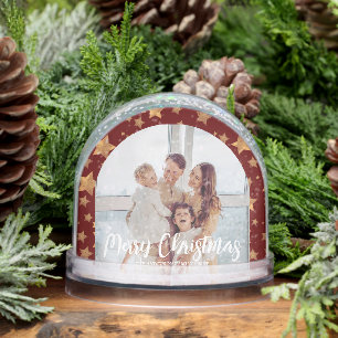 Gold Red Family Photo Merry Christmas Snow Globe