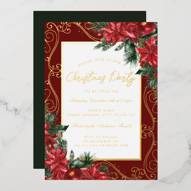 Gold Red Festive Floral Frame Christmas Party (Front/Back)
