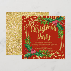 Gold Red Festive Holly Glitter Christmas Invitation