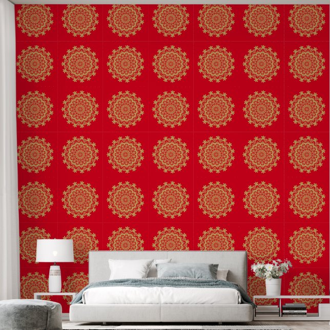 Gold Red Floral Abstract Mandala Wallpaper (Bedroom)