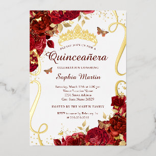 Gold Red Floral Butterfly Elegant Quinceanera