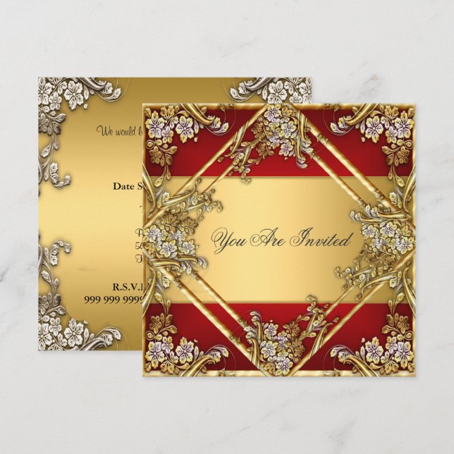 Gold Red Floral Frame Party Invitation Gold Red (Front/Back)