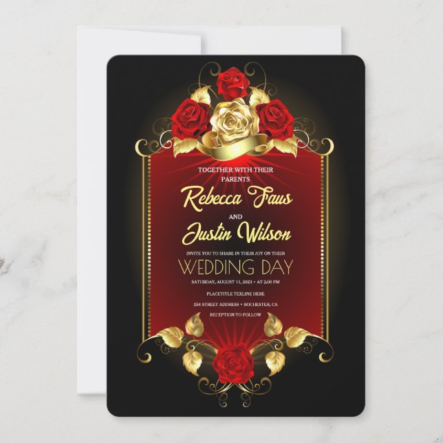 Gold Red Floral Modern Boho Invitation (Front)