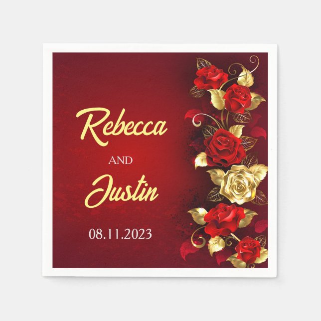 Gold Red Floral Modern Boho Napkin (Front)