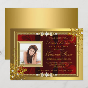Gold & Red floral Photo Sweet Sixteen Invite