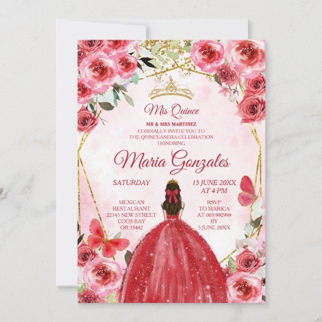 Gold Red Flowers Spanish Girl sweet 15th Birthday Invitation (Front)
