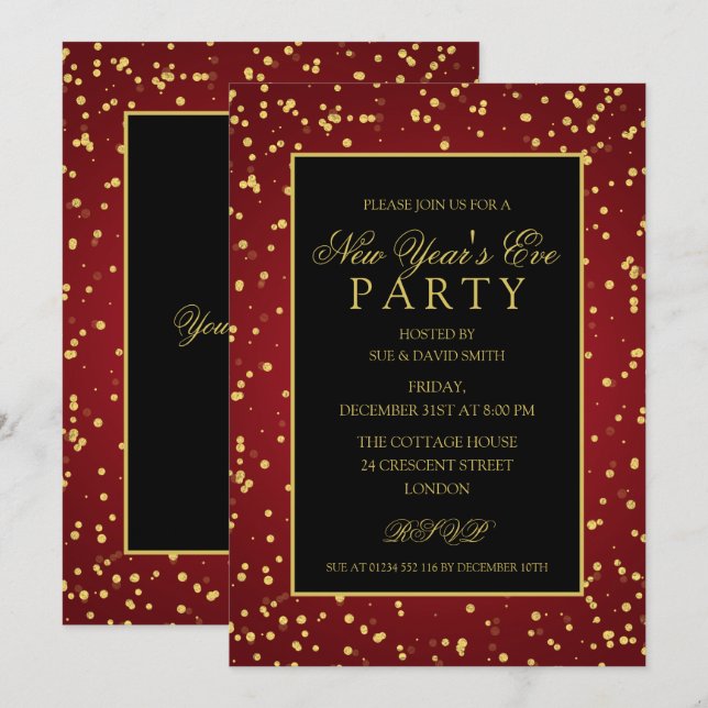 Gold Red Foil Glitter Dots New Year's Eve Party Invitation (Front/Back)