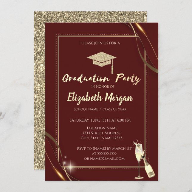 Gold Red Frame Wine Glitter Grad Cap Red Invitation (Front/Back)