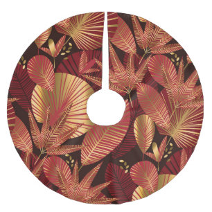 Gold Red, Geometric Tropical Pattern. Brushed Polyester Tree Skirt