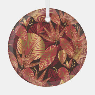 Gold Red, Geometric Tropical Pattern. Glass Tree Decoration