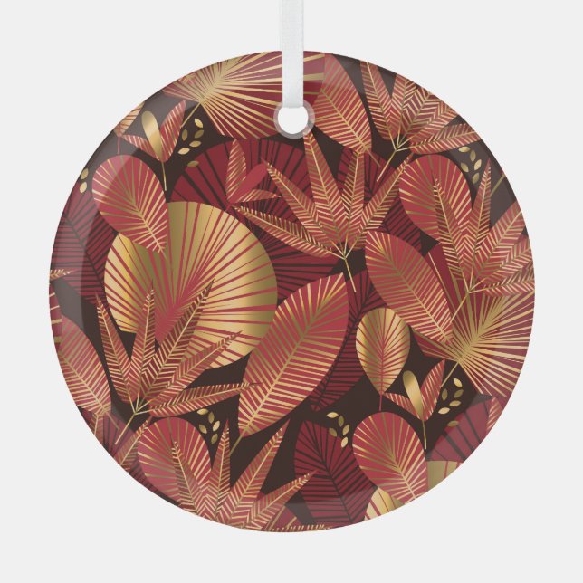Gold Red, Geometric Tropical Pattern. Glass Tree Decoration (Front)