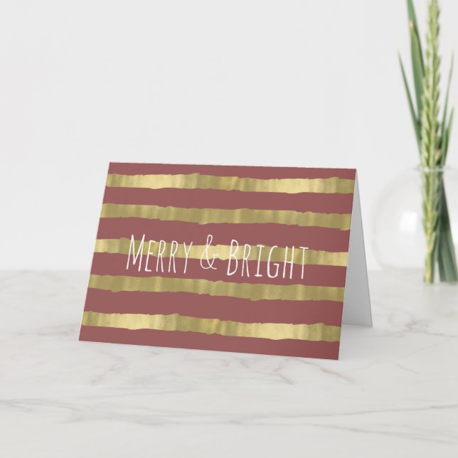 Gold Red Glam Stripes Merry and Bright Holiday Card (Front)