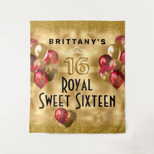 Gold Red Glitter Balloons Royal Sweet 16 Tapestry (Front)