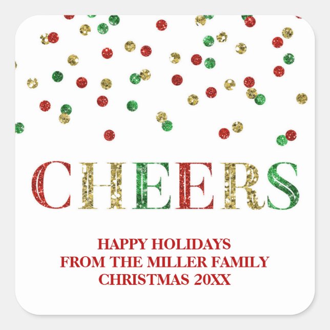 Gold Red Glitter Confetti Cheers Christmas Custom Square Sticker (Front)