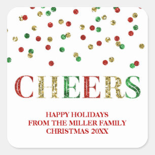 Gold Red Glitter Confetti Cheers Christmas Custom Square Sticker