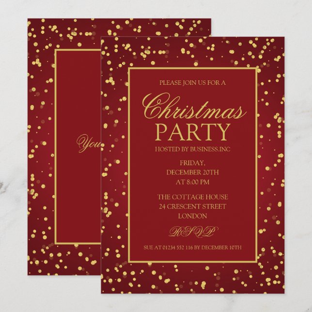 Gold Red Glitter Dots Christmas Holiday Party Invitation (Front/Back)
