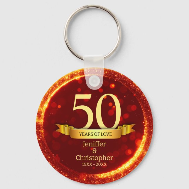 Gold & Red Glitter Edit Year Wedding Anniversary Key Ring (Front)