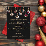Gold Red Glitter Hanging Ornaments Photo Christmas Holiday Card<br><div class="desc">This cute and unique photo Christmas holiday greeting card is perfect to personalise your invites with a special touch. It features eight customisable photograph ornaments with faux printed sparkly gold and red glitter outlines, strings, and bows on top of a simple black background. The back of the card depicts a...</div>