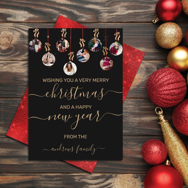 Gold Red Glitter Hanging Ornaments Photo Christmas Holiday Card (Creator Uploaded)