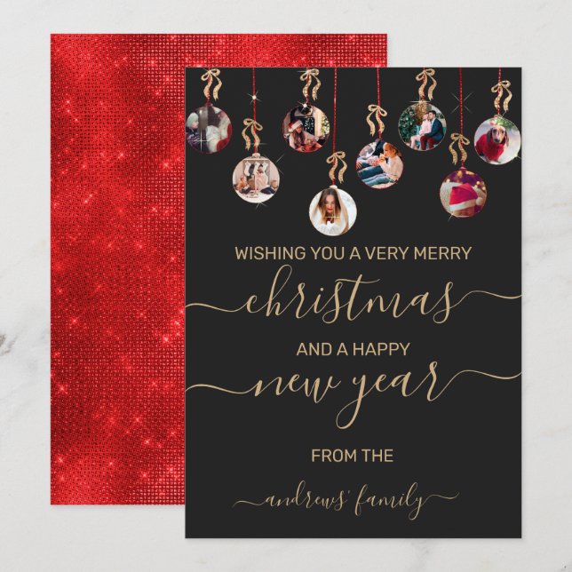 Gold Red Glitter Hanging Ornaments Photo Christmas Invitation (Front/Back)