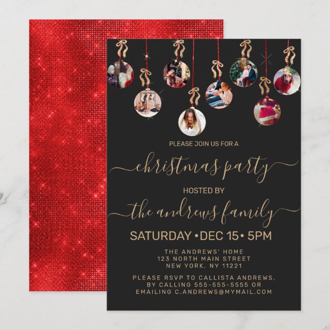 Gold Red Glitter Hanging Ornaments Photo Christmas Invitation (Front/Back)