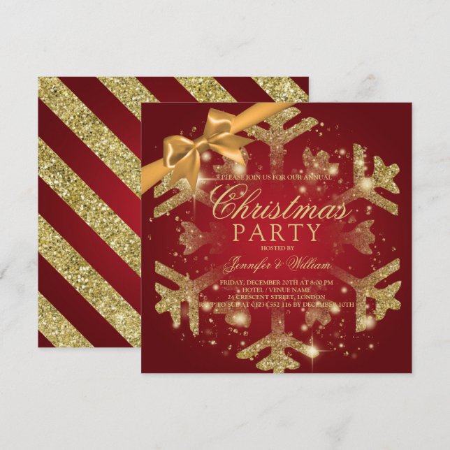 Gold Red Glitter & Ribbon | Xmas Holiday Party Invitation (Front/Back)