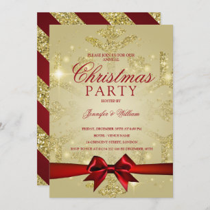 Gold & Red Glitter Snowflake & Ribbon Xmas Party Invitation