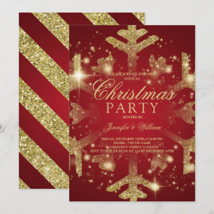 Gold & Red Glitter Snowflake Xmas Holiday Party Invitation