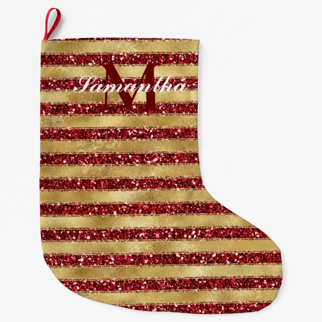 Gold Red Glitter Stripes Monogram Large Christmas Stocking (Front)